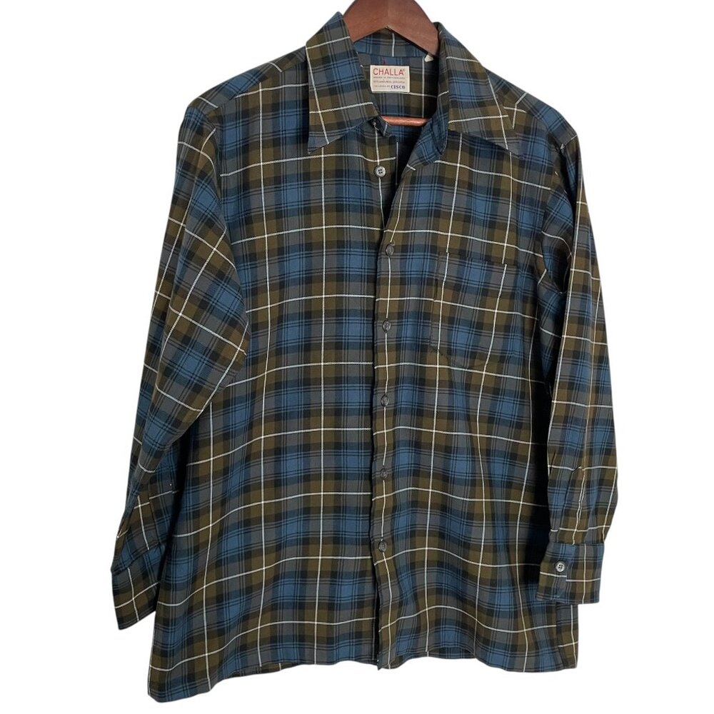 Vintage 60s Challa Cloth Cisco Button Down Shirt L Brown Blue Plaid Wool Cotton